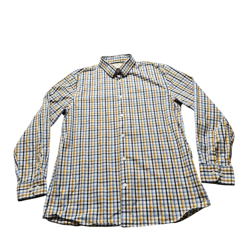 Banana Republic Button Down Shirt Mens L Yellow Blue Plaid Wrinkle Resist Slim